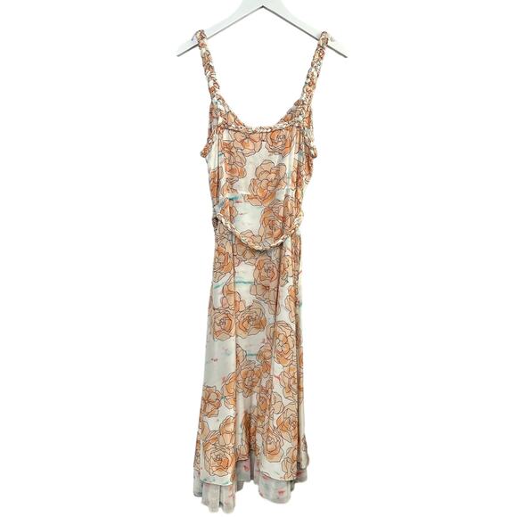Dyvna Chacha Dress Womens Size 10 Peach Floral Braided Strap Belted Silk Midi - Picture 14 of 16